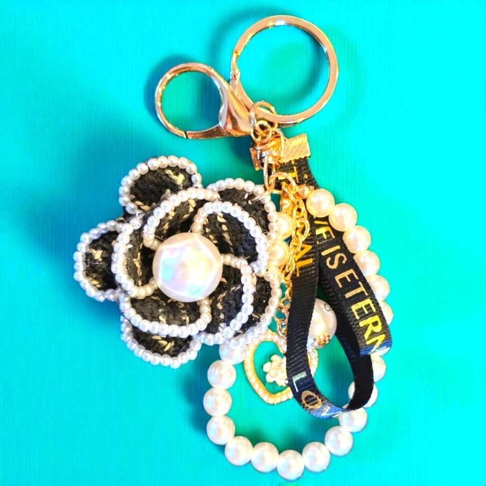 Elegant Black and White Camellia  Purse Charm with Pearl Accents